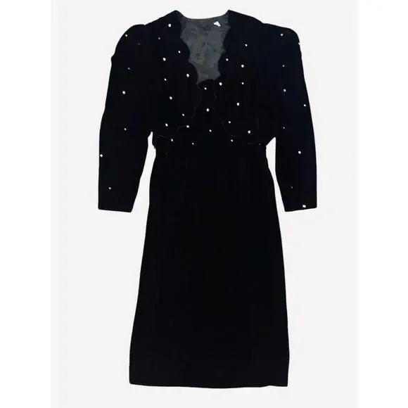 Vintage Black Velvet Mini Cami Dress & Jacket Scalloped Trim Rhinestones Size 12 - Picture 1 of 8